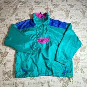 Vintage Columbia Colorblock Anorak Jacket Windbreaker Teal Blue Pink Women's XL